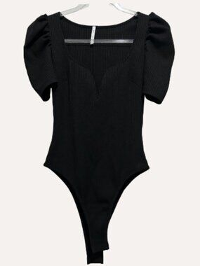 Nothing But Sexy Black Ribbed Puff‑Sleeve Bodysuit – Size M